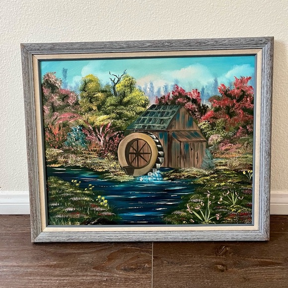 Vintage Framed Landscape Painting With Water mill 19/23 Inches